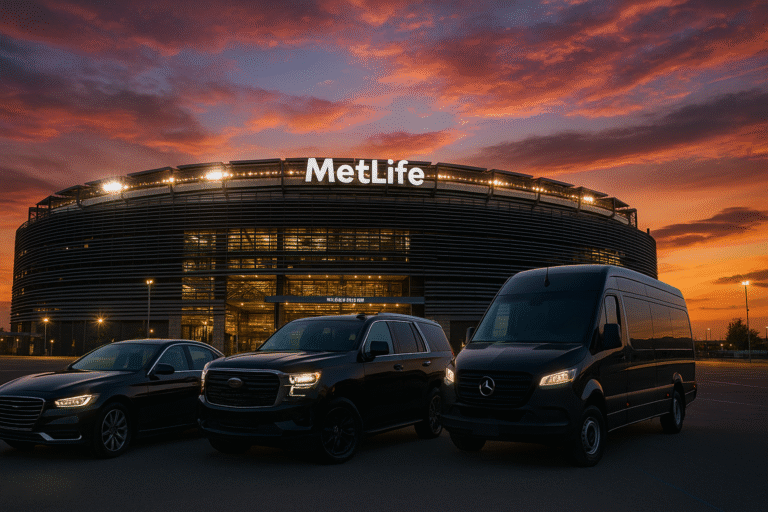 Luxury sedan, SUV, and van at sunset near MetLife Stadium facade