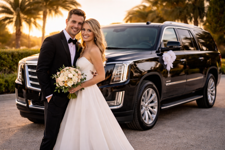 Wedding couple beside a black Cadillac Escalade ESV