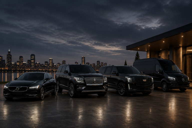 Black luxury car service fleet in Summit NJ with Volvo S90 sedan, Lincoln Navigator, Cadillac Escalade ESV, and Mercedes Sprinter for airport transportation and private chauffeur service.
