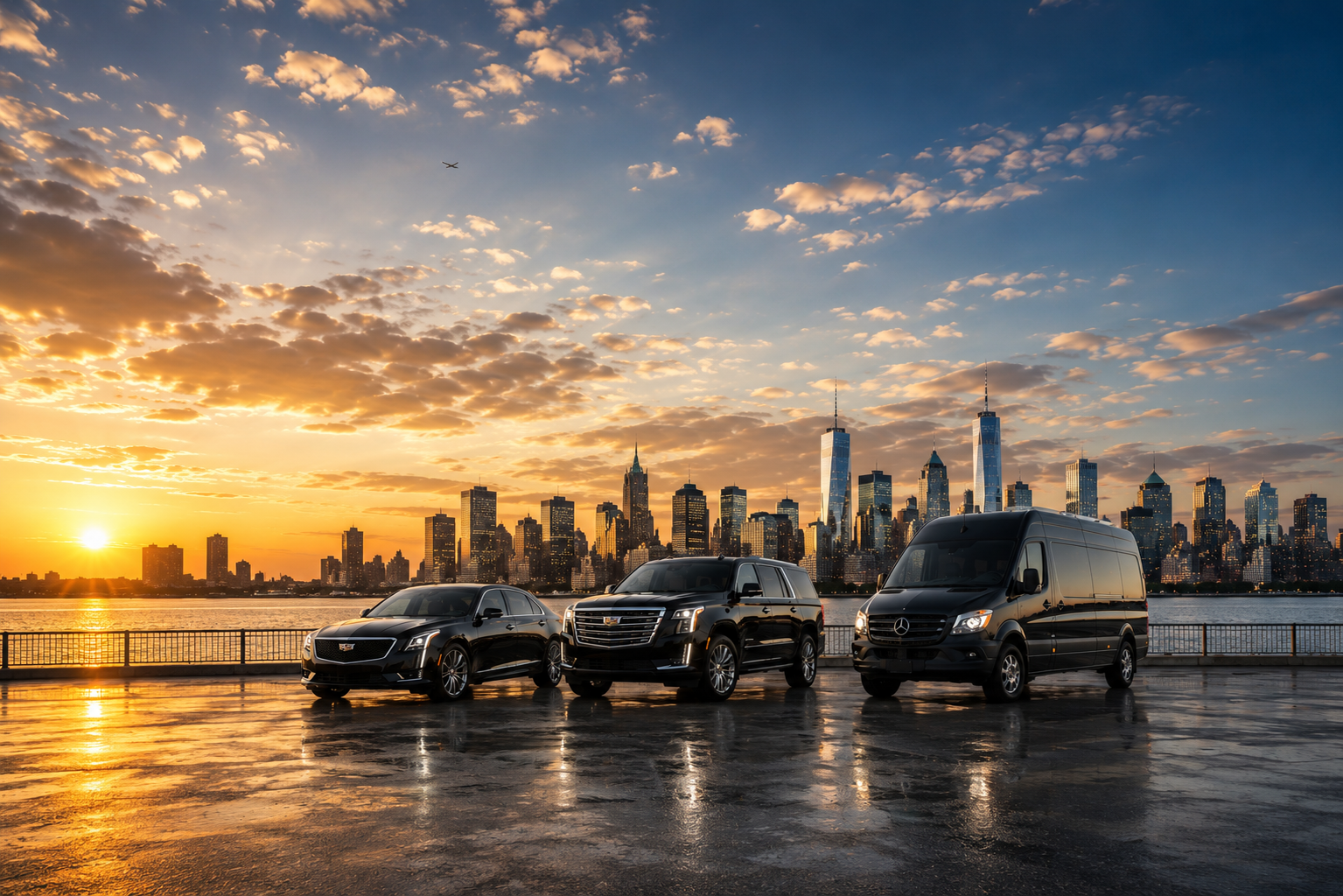Luxury black sedan, Cadillac Escalade SUV and Mercedes Sprinter for Summit NJ limo and black car service