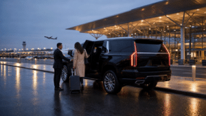 Luxury black SUV and chauffeur coordinating pickup after a Newark Airport flight delay