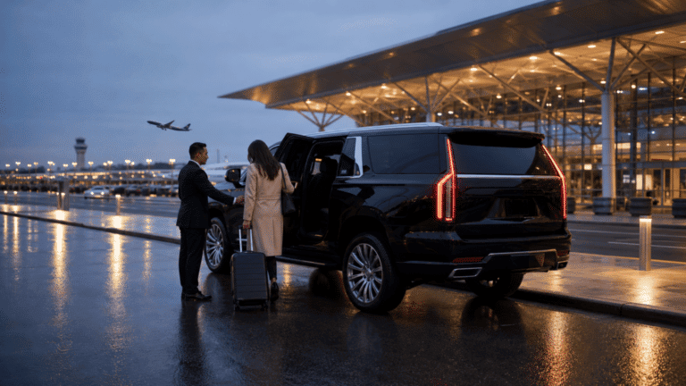 Luxury black SUV and chauffeur coordinating pickup after a Newark Airport flight delay