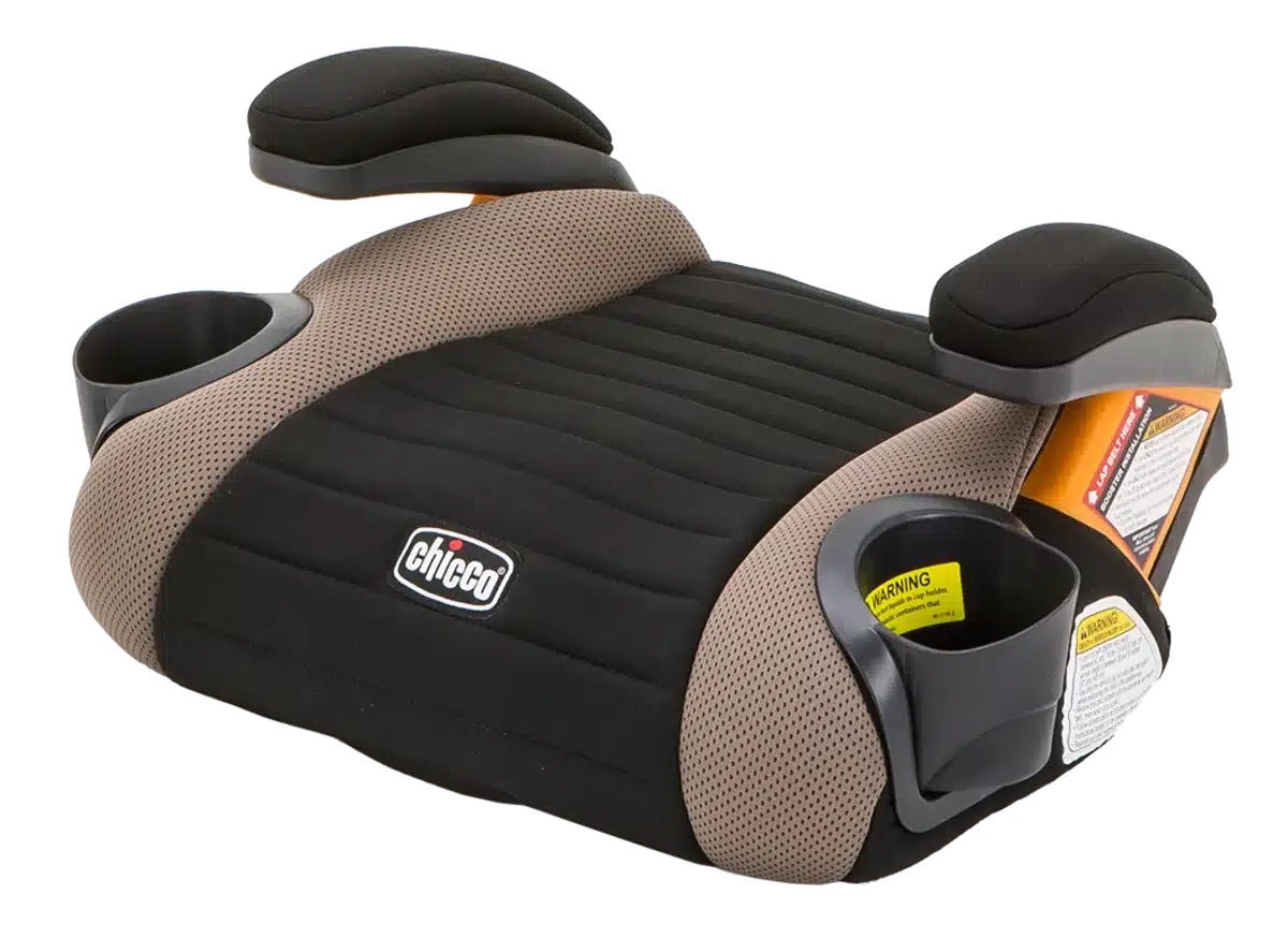 Black and gray backless booster seat with cup holders
