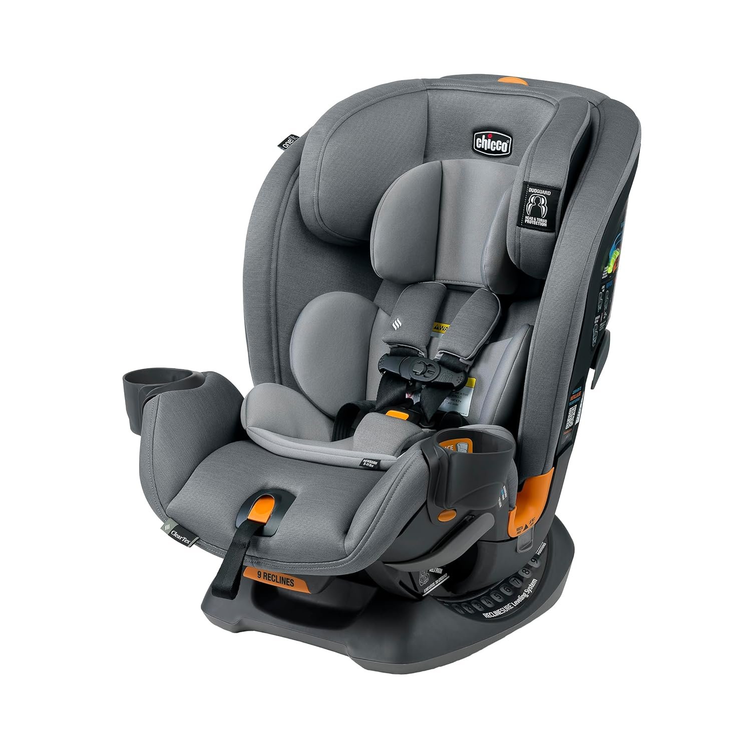 Gray forward-facing child car seat with five-point harness