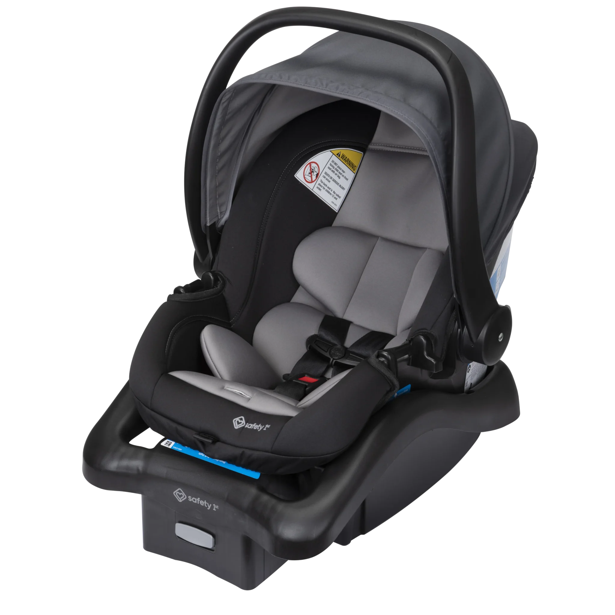 Gray rear-facing infant car seat with carrying handle and base