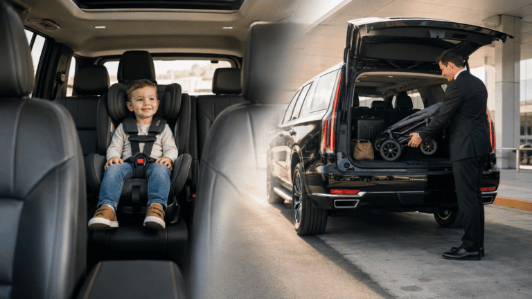 Toddler in a child seat inside a black SUV while a chauffeur loads a folded stroller