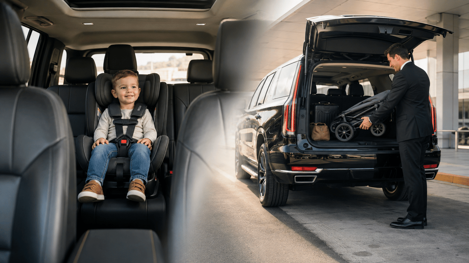 Toddler in a child seat inside a black SUV while a chauffeur loads a folded stroller