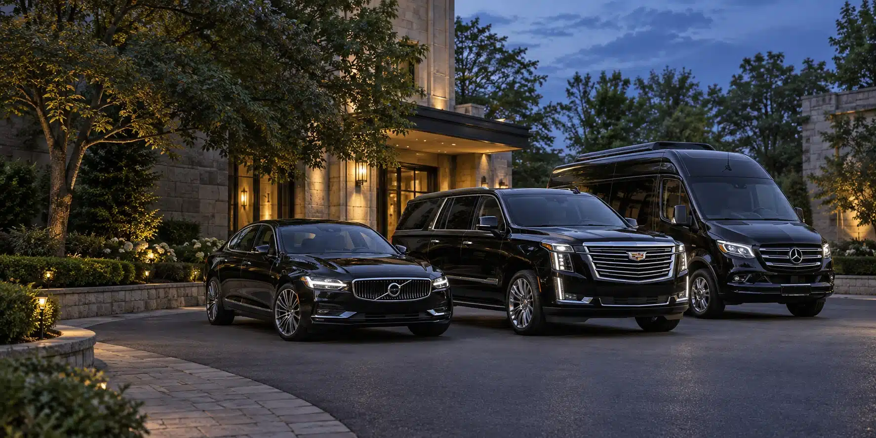 Black executive sedan, luxury SUV and Sprinter van outside a stone building at dusk