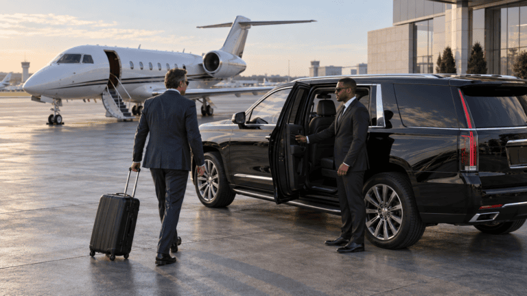 Professional chauffeur greeting an executive beside a black luxury SUV and private jet at Teterboro Airport