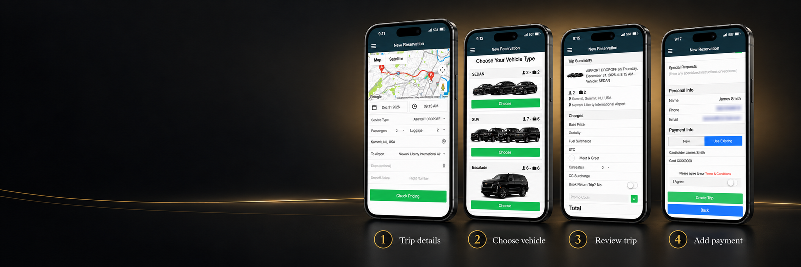 Passenger app screens showing trip details, vehicle selection, trip review and payment